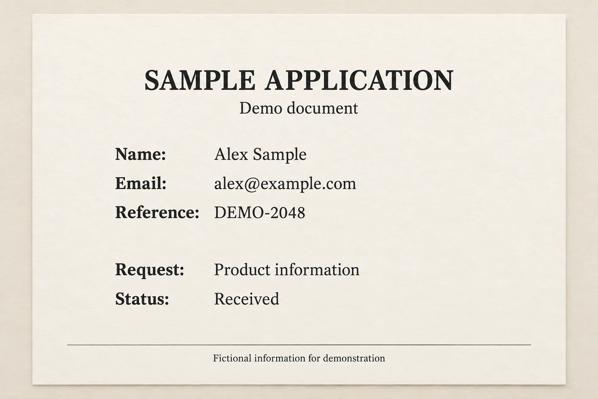 A sample application form containing fictional contact details and a reference number.