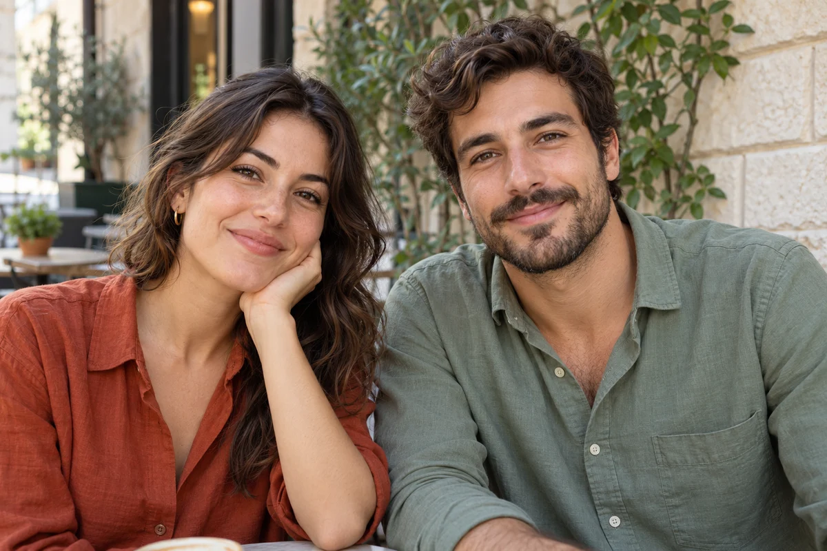 Two friends sitting at an outdoor cafe before face pixelation.