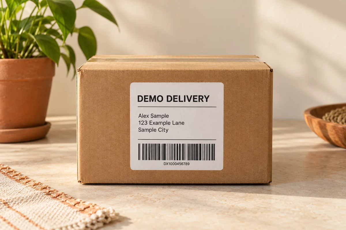 A cardboard parcel with a fictional shipping label on a cream tabletop.